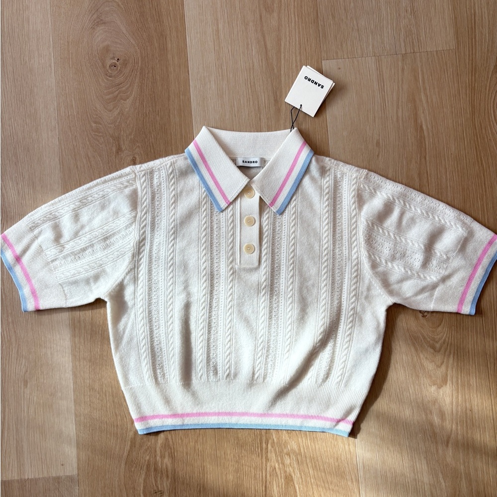 Sandro White and Pink Knit Polo Sweater